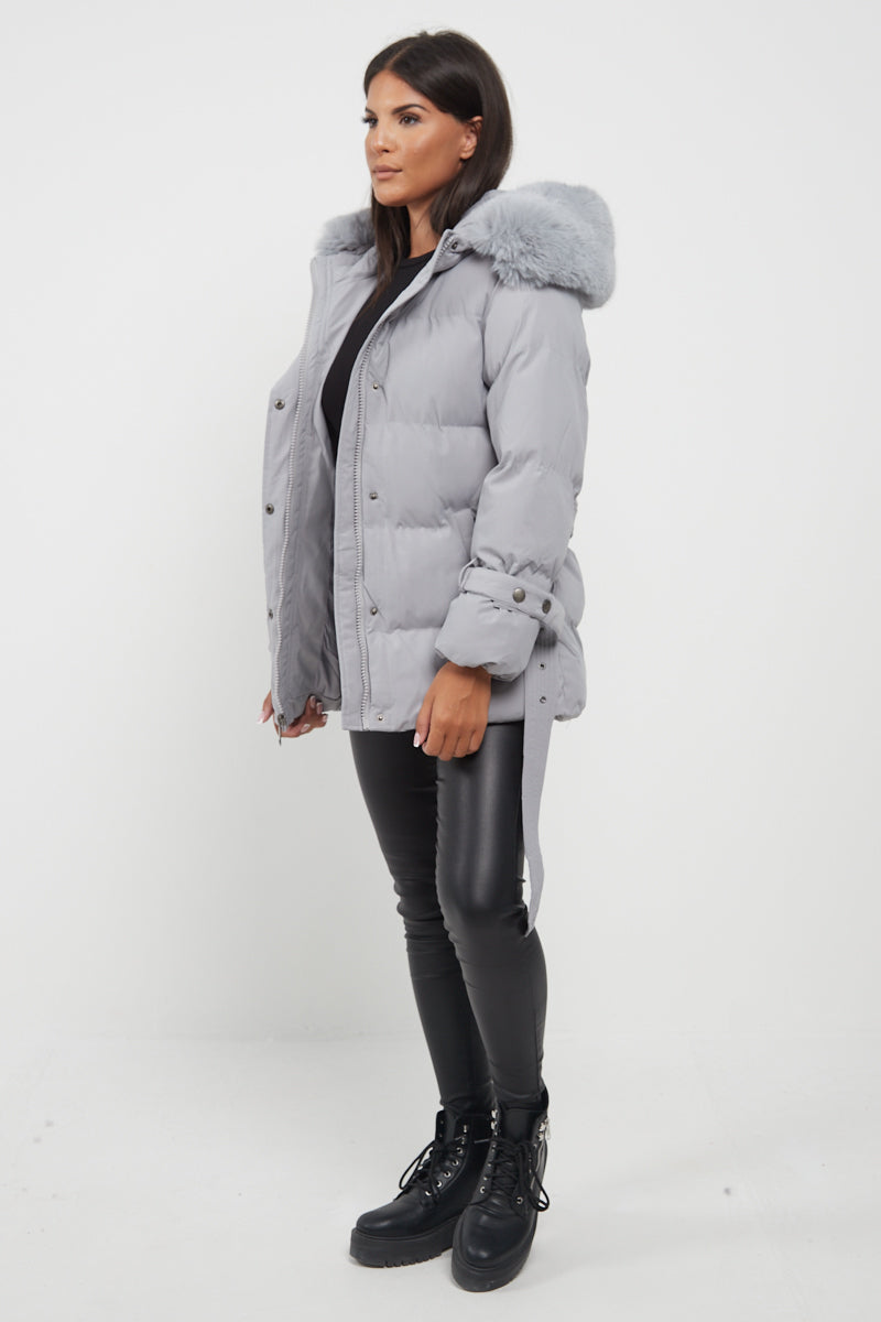 Grey Side Flap Faux Fur Hood Puffer Coat - Rosa - Storm Desire