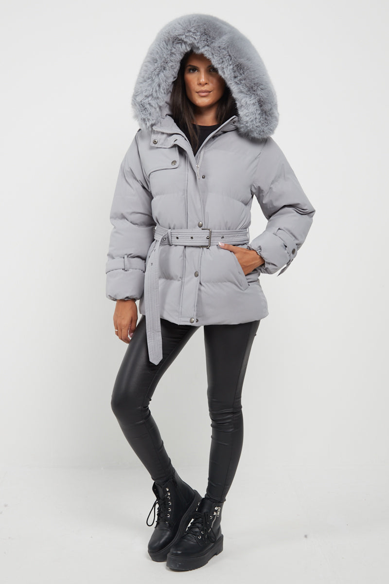 Grey Side Flap Faux Fur Hood Puffer Coat - Rosa - Storm Desire