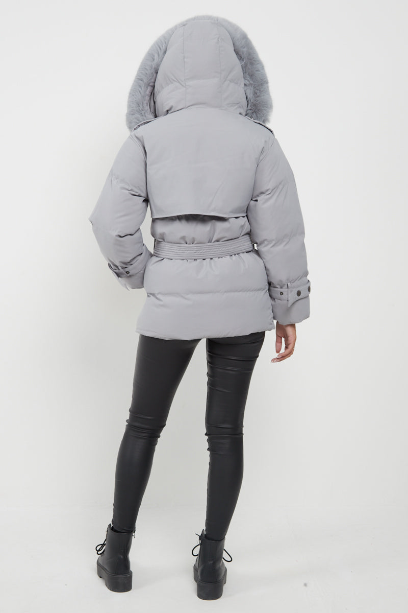 Grey Side Flap Faux Fur Hood Puffer Coat - Rosa - Storm Desire