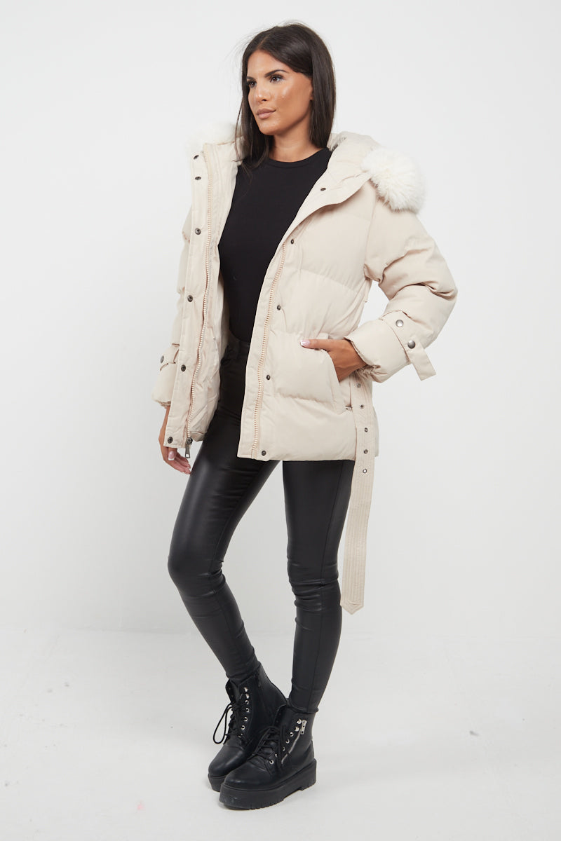 Light Beige Side Flap Faux Fur Hood Puffer Coat - Rosa - Storm Desire