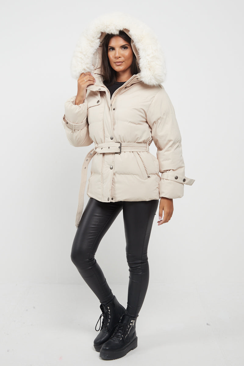 Light Beige Side Flap Faux Fur Hood Puffer Coat - Rosa - Storm Desire