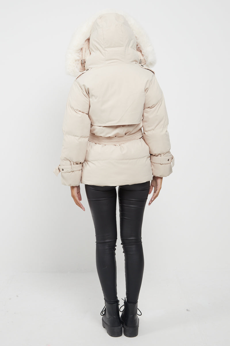 Light Beige Side Flap Faux Fur Hood Puffer Coat - Rosa - Storm Desire