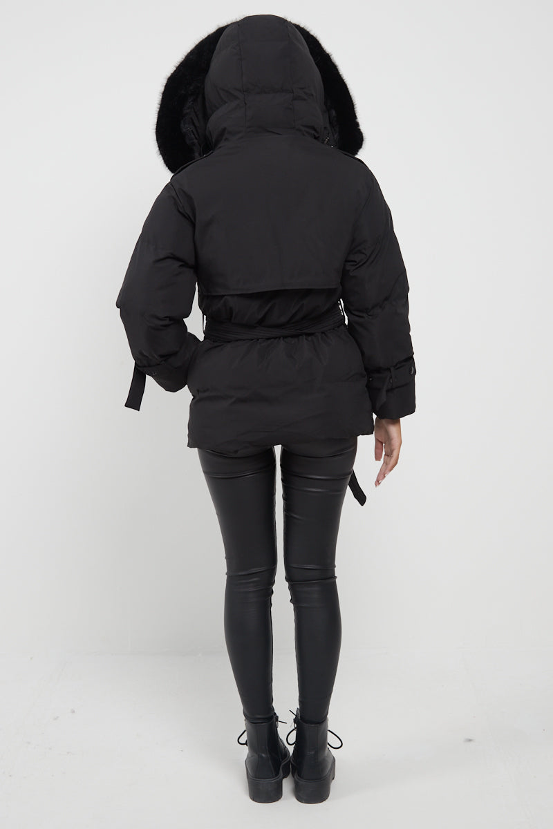 Black Side Flap Faux Fur Hood Puffer Coat - Rosa - Storm Desire