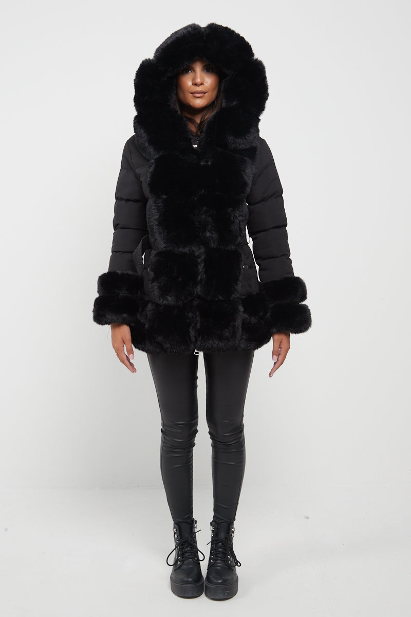 Black Mid Length Belted Faux Fur Trim Puffer Coat - Averie - Storm Desire