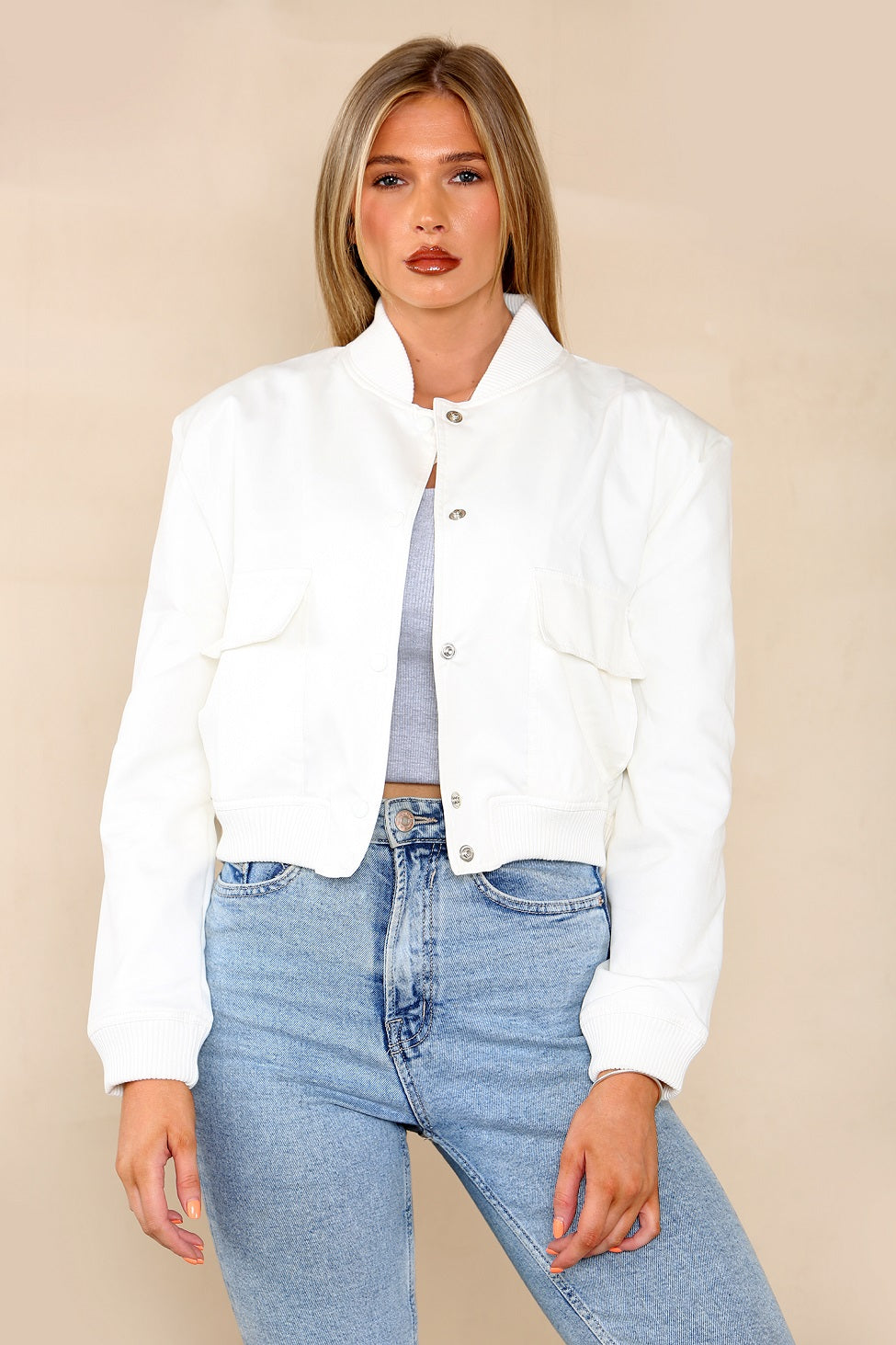 White Pocket Bomber Jacket - Aria - Storm Desire