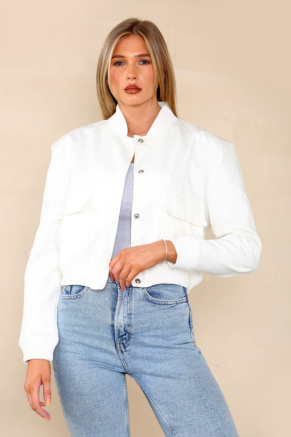 White Pocket Bomber Jacket - Aria - Storm Desire