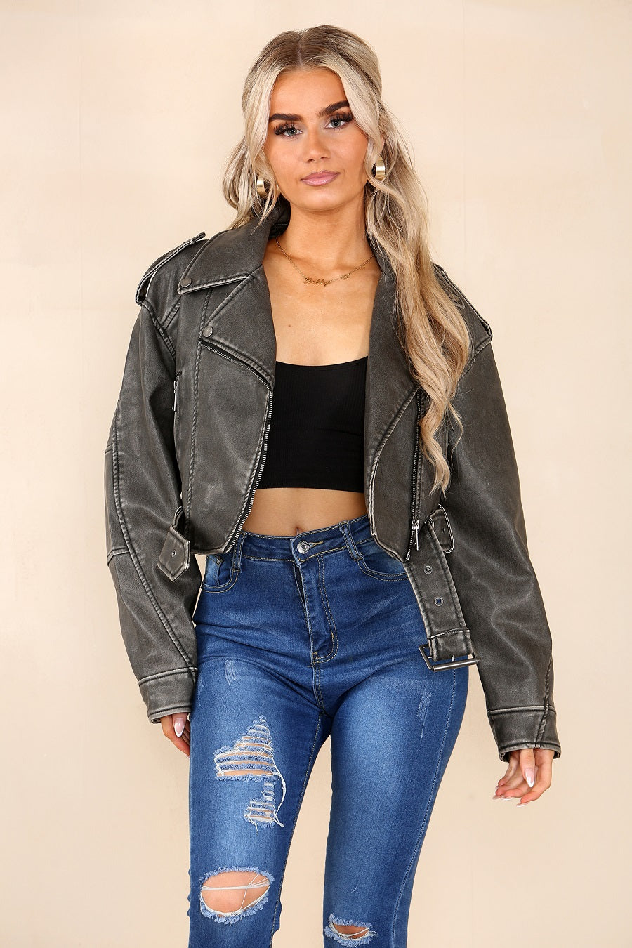 Faux Leather Zipped Biker Jacket Stormi