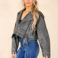 Grey Faux Leather Zipped Biker Jacket - Stormi - Storm Desire