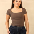 Taupe square-neck active top with short sleeves, front view