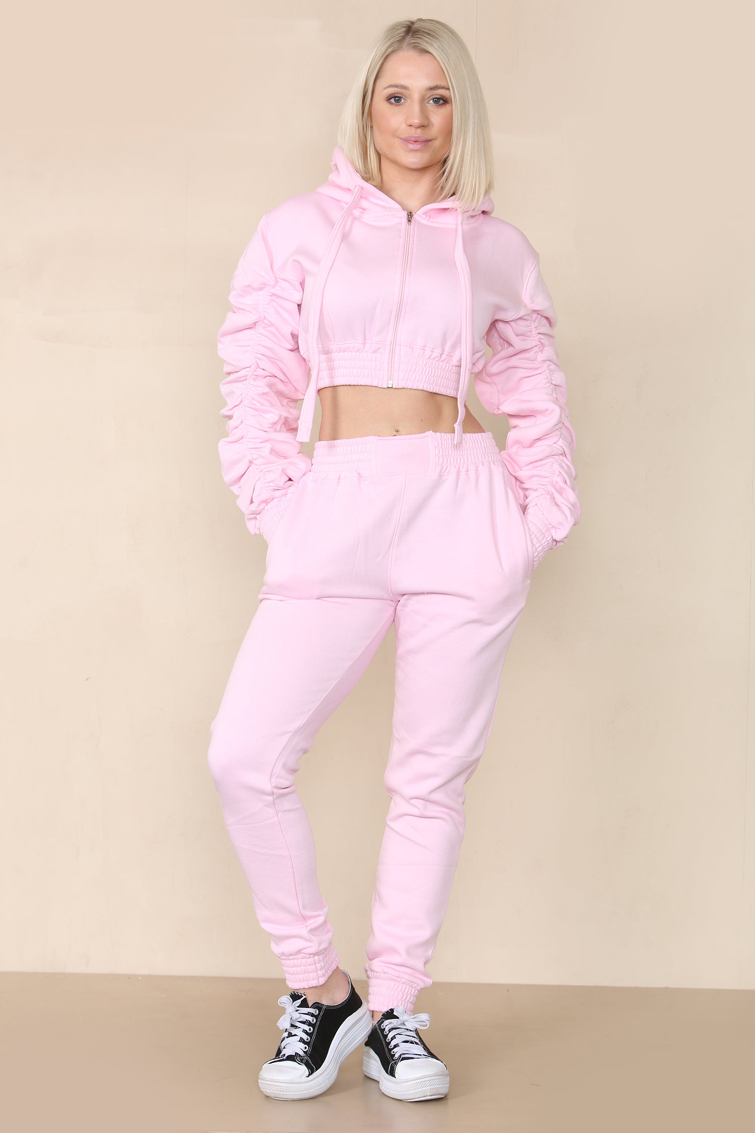 Baby Pink Ruched Cropped Hoodie And Jogger Set - Kallie - Storm Desire