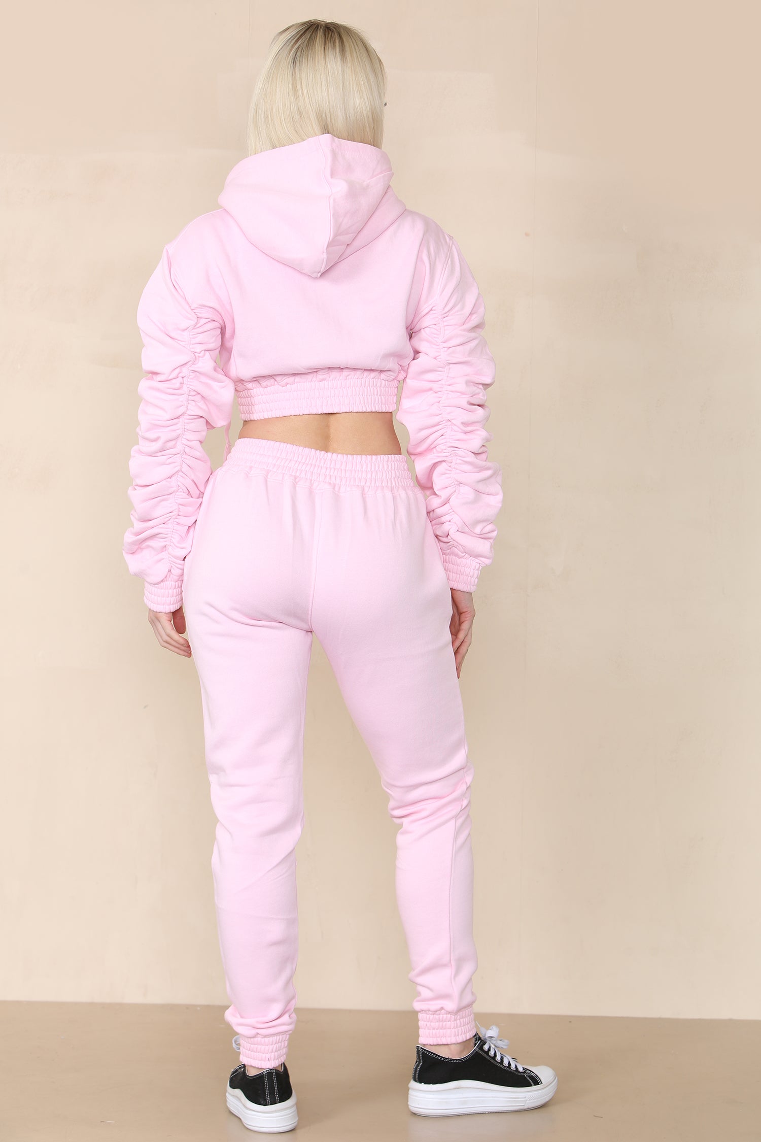 Baby Pink Ruched Cropped Hoodie And Jogger Set - Kallie - Storm Desire
