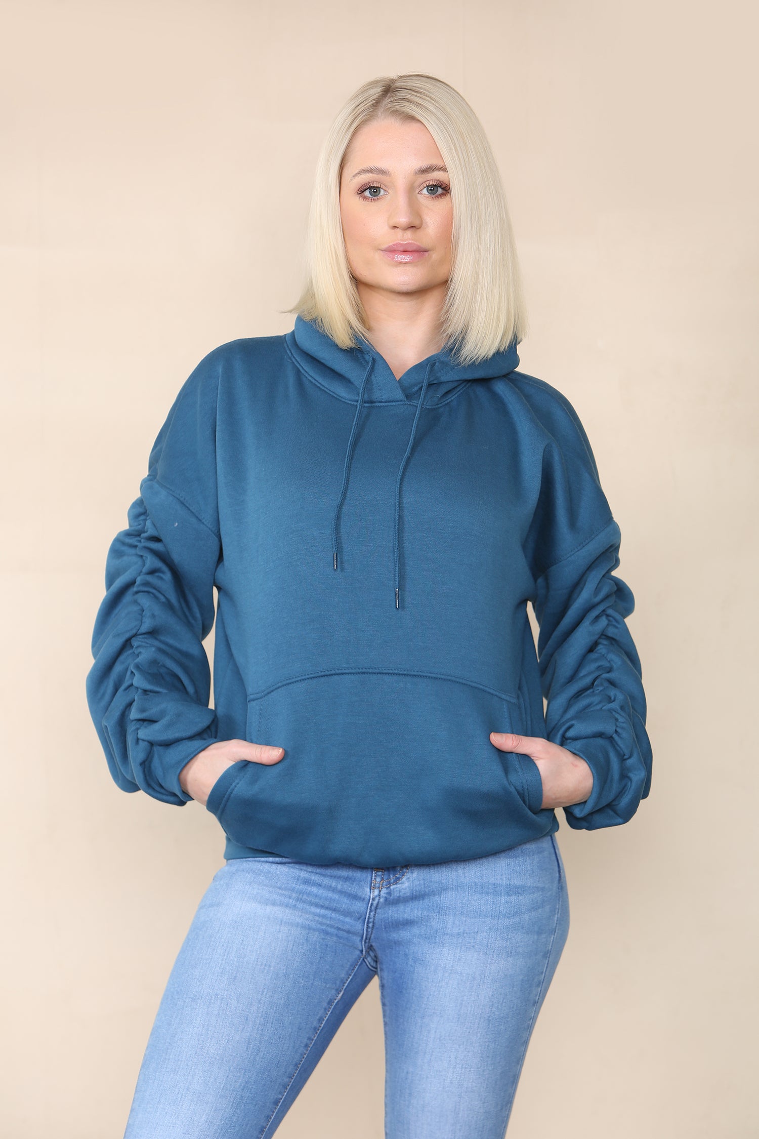 Ruched Sleeve Hooded Sweatshirt - Kora - Storm Desire