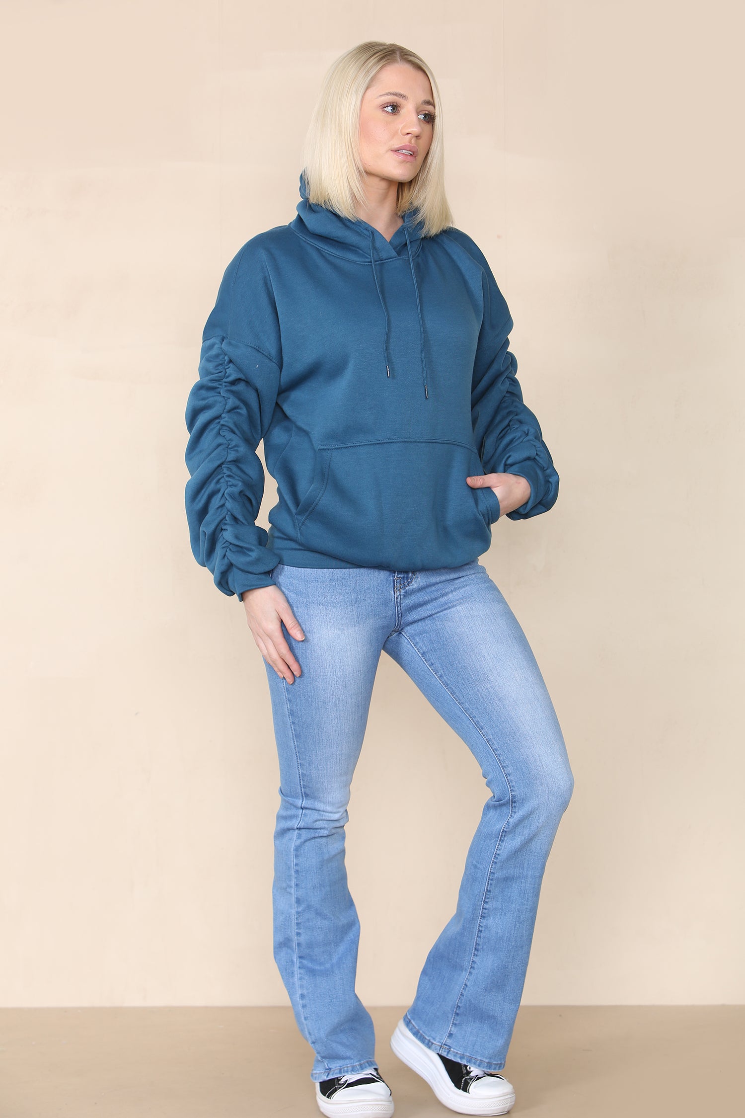 Ruched Sleeve Hooded Sweatshirt - Kora - Storm Desire
