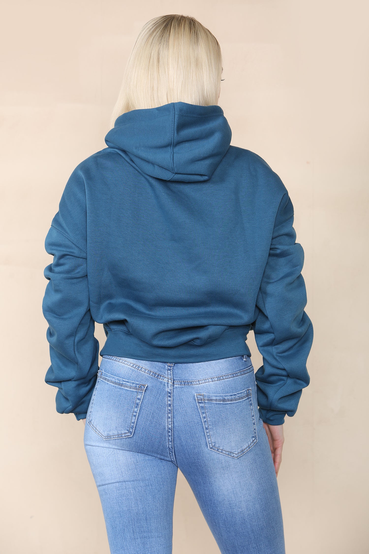Teal Blue Ruched Sleeve Hooded Sweatshirt - Kora - Storm Desire