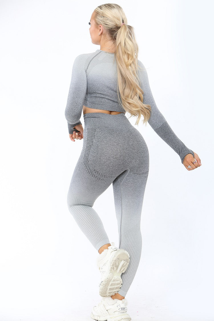 Grey Two Tone Ribbed Textured Active Top & Pants Set - Astrid - Storm Desire