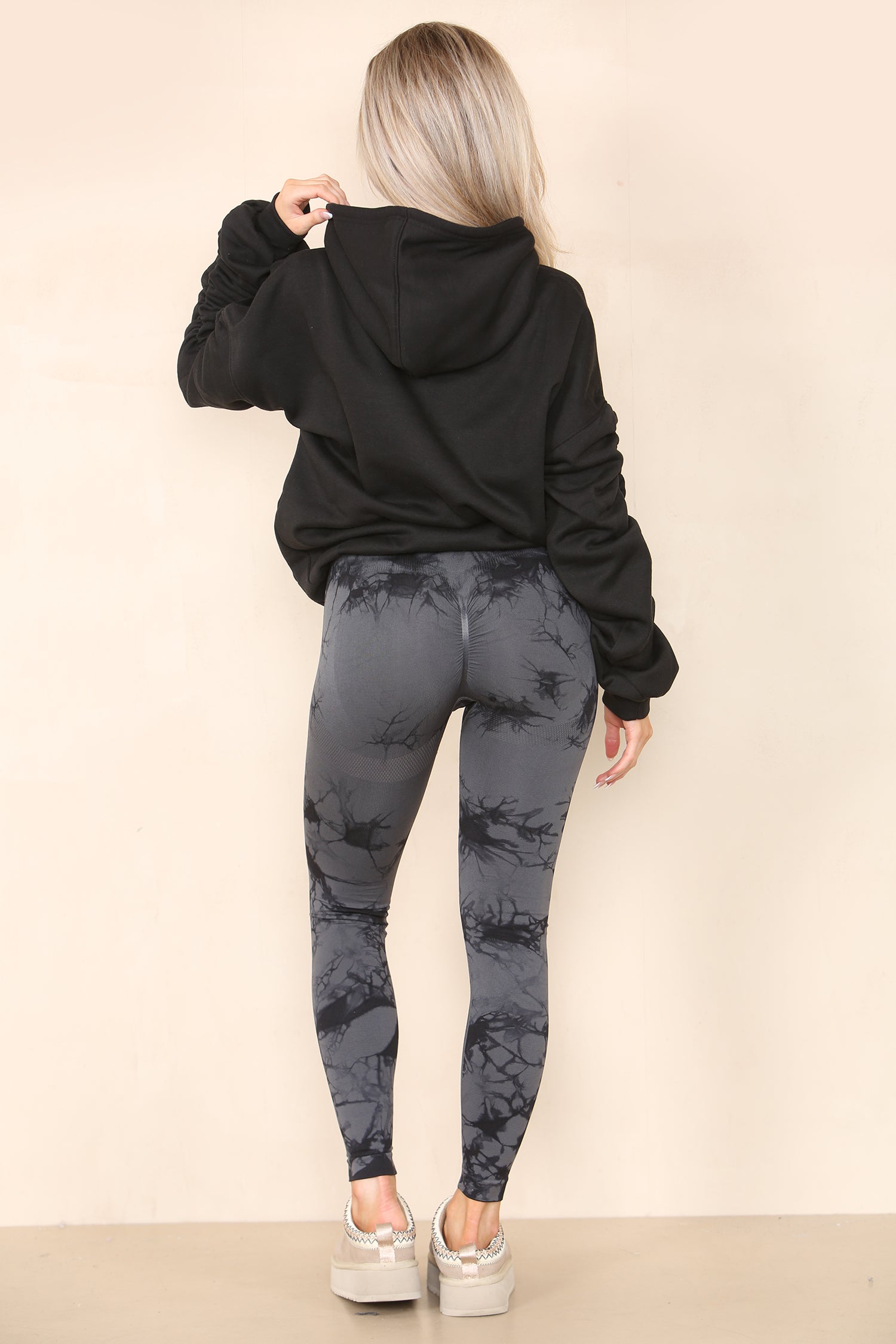 Black Ruched Sleeve Hoodie & Tie Dye Print Bum Sculpt Leggings Set- Cora - Storm Desire