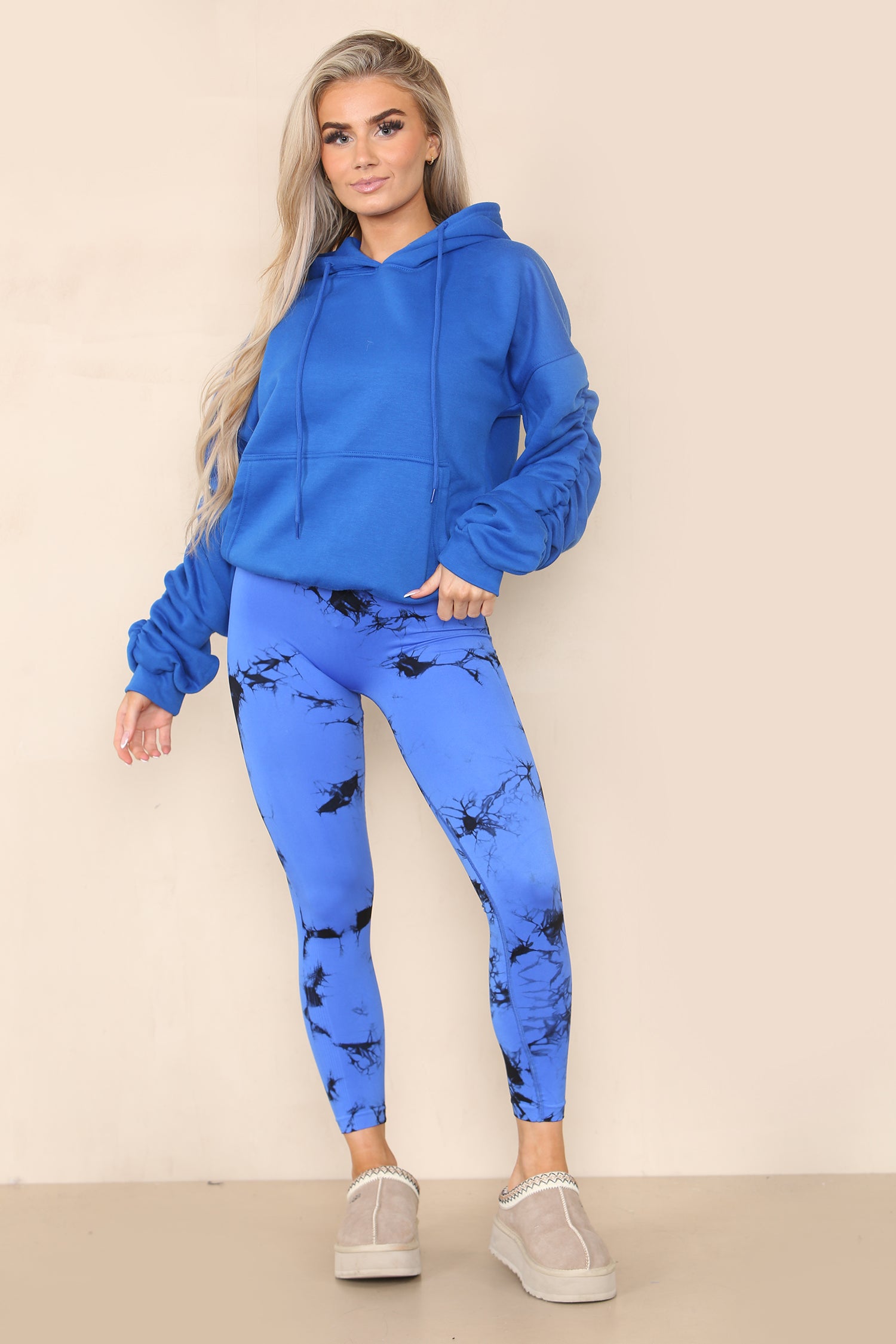 Royal Blue Ruched Sleeve Hoodie & Tie Dye Print Bum Sculpt Leggings Set- Cora - Storm Desire