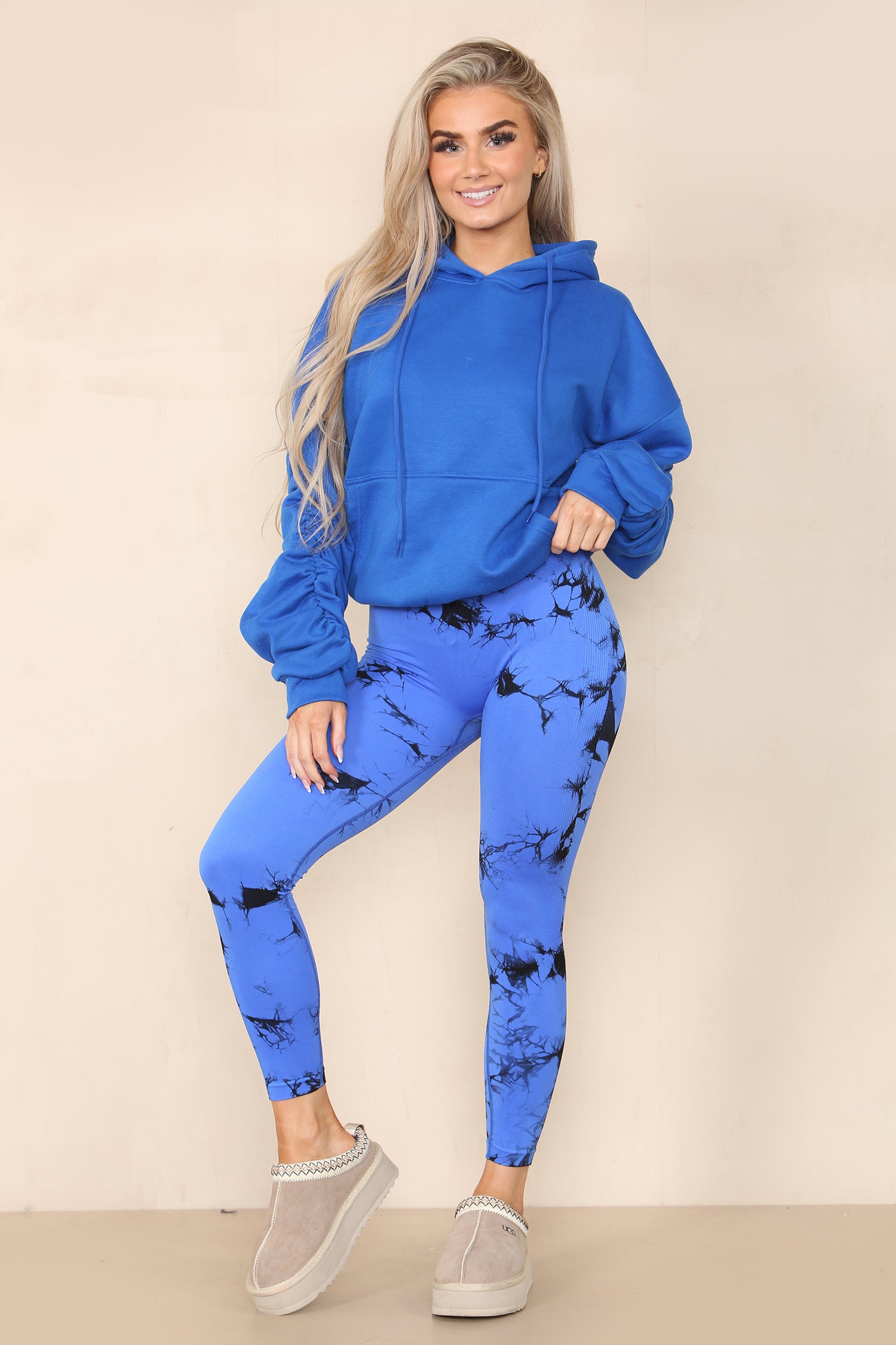 Royal Blue Ruched Sleeve Hoodie & Tie Dye Print Bum Sculpt Leggings Set- Cora - Storm Desire