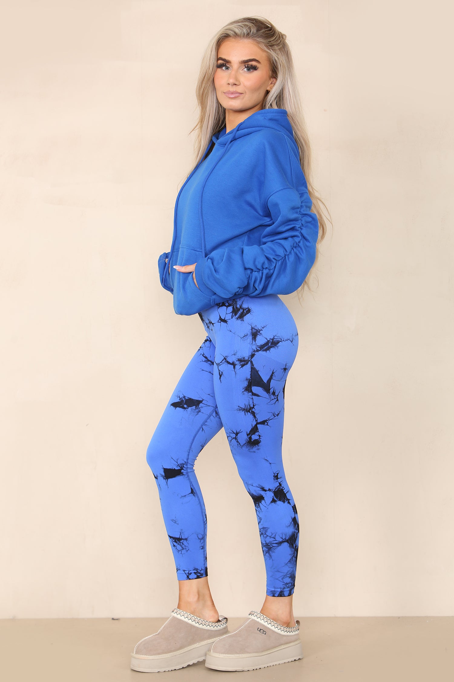 Royal Blue Ruched Sleeve Hoodie & Tie Dye Print Bum Sculpt Leggings Set- Cora - Storm Desire