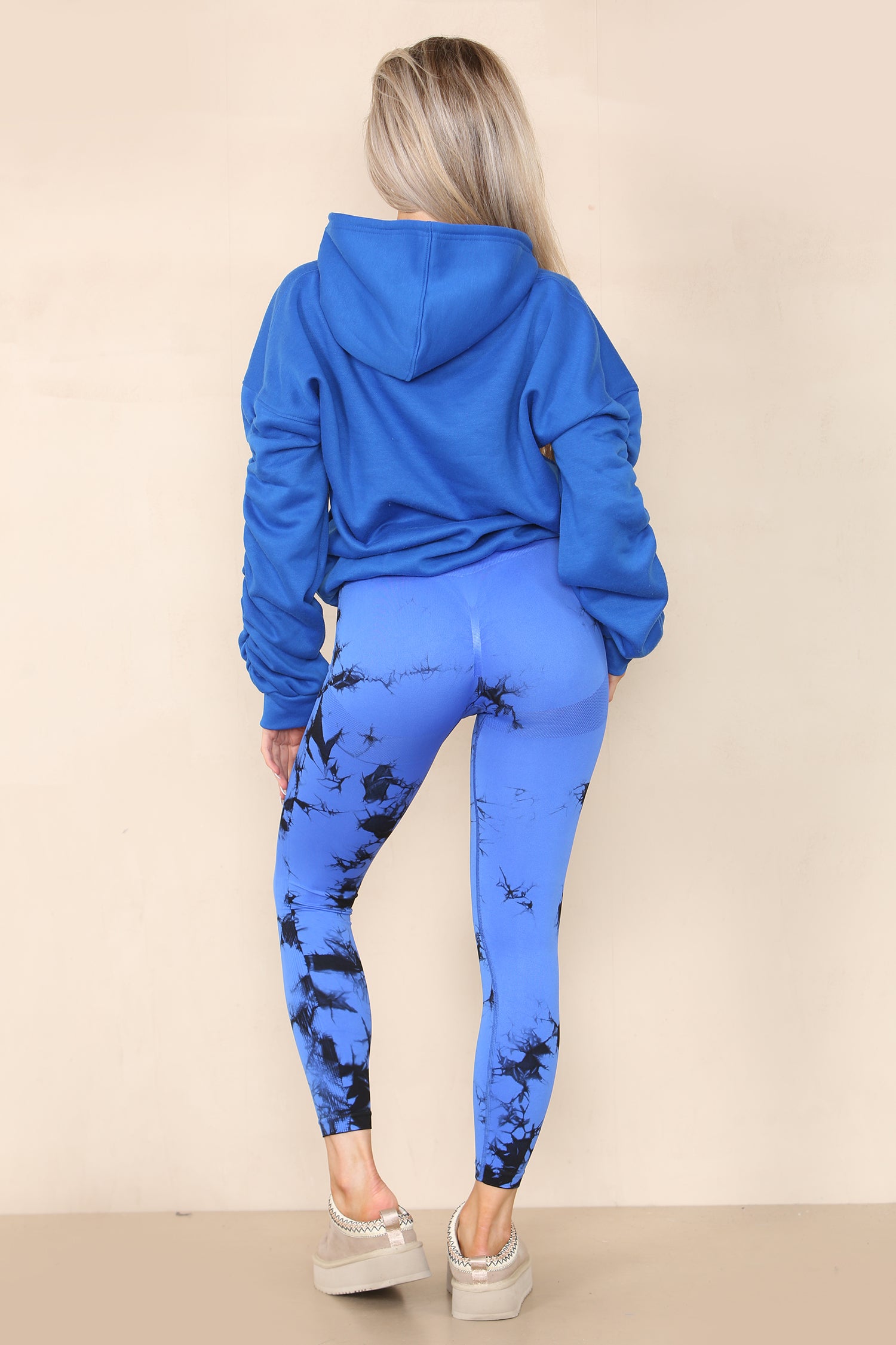 Royal Blue Ruched Sleeve Hoodie & Tie Dye Print Bum Sculpt Leggings Set- Cora - Storm Desire