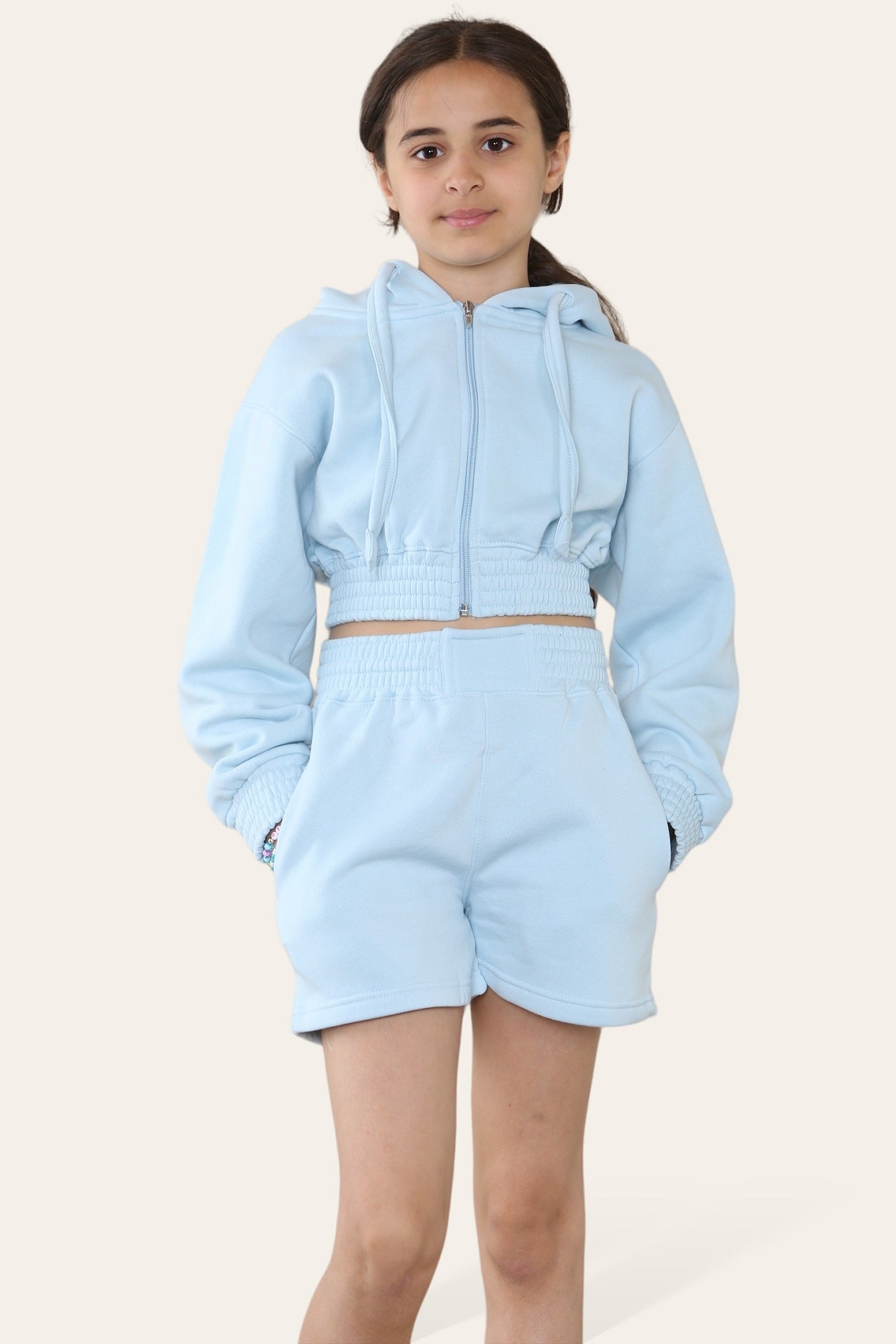 Kids Cropped Zip Up Hoodie & Shorts Fleece Co-ord - Rylee - Storm Desire