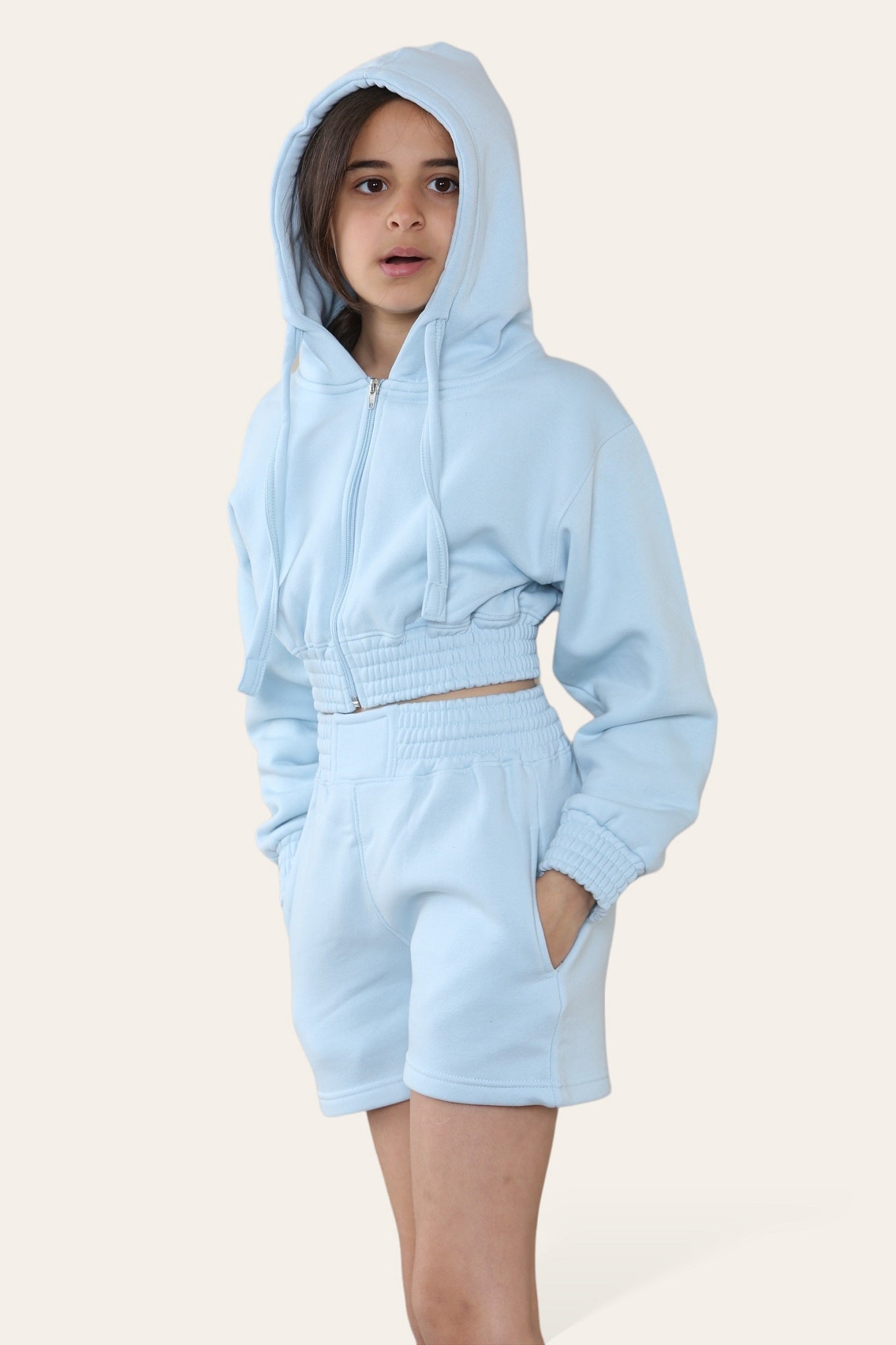 Kids Cropped Zip Up Hoodie & Shorts Fleece Co-ord - Rylee - Storm Desire