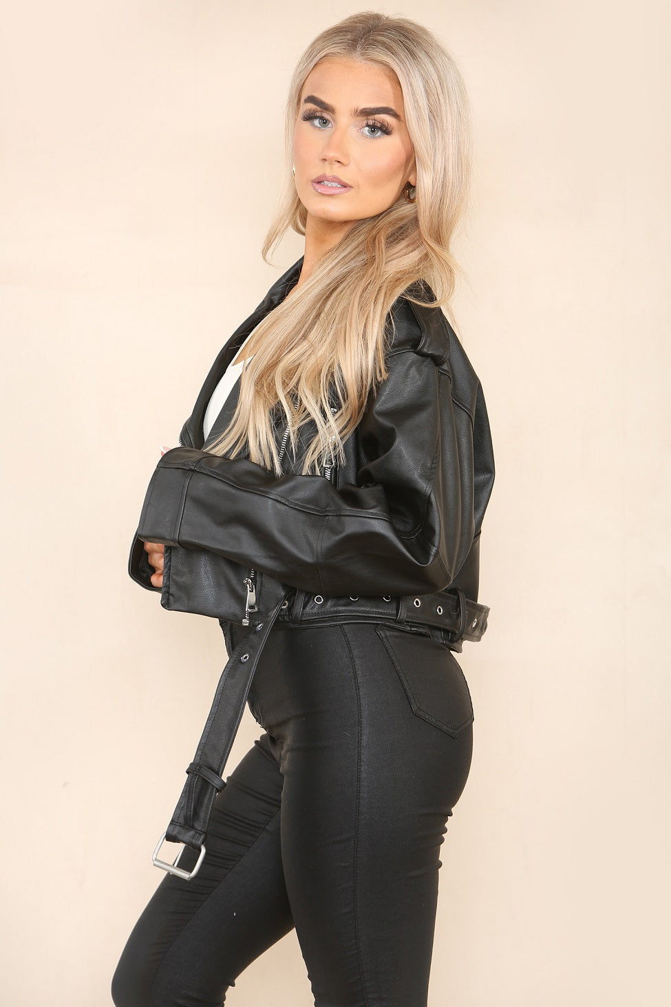 Faux Leather Zipped Biker Jacket - Juniper - Storm Desire