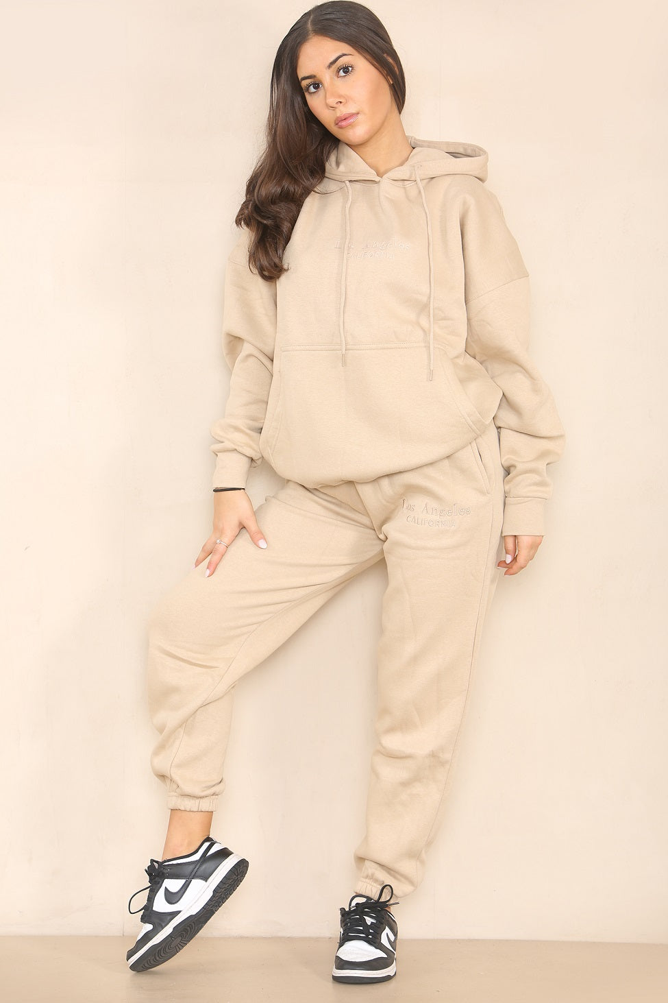 Beige Embroidered Los Angeles Sweatshirt & Jogger Set - Teresa - Storm Desire