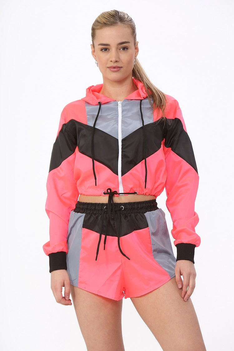 Neon Pink Colour Block Cropped Jacket & Shorts Co-ord - Ramona - Storm Desire