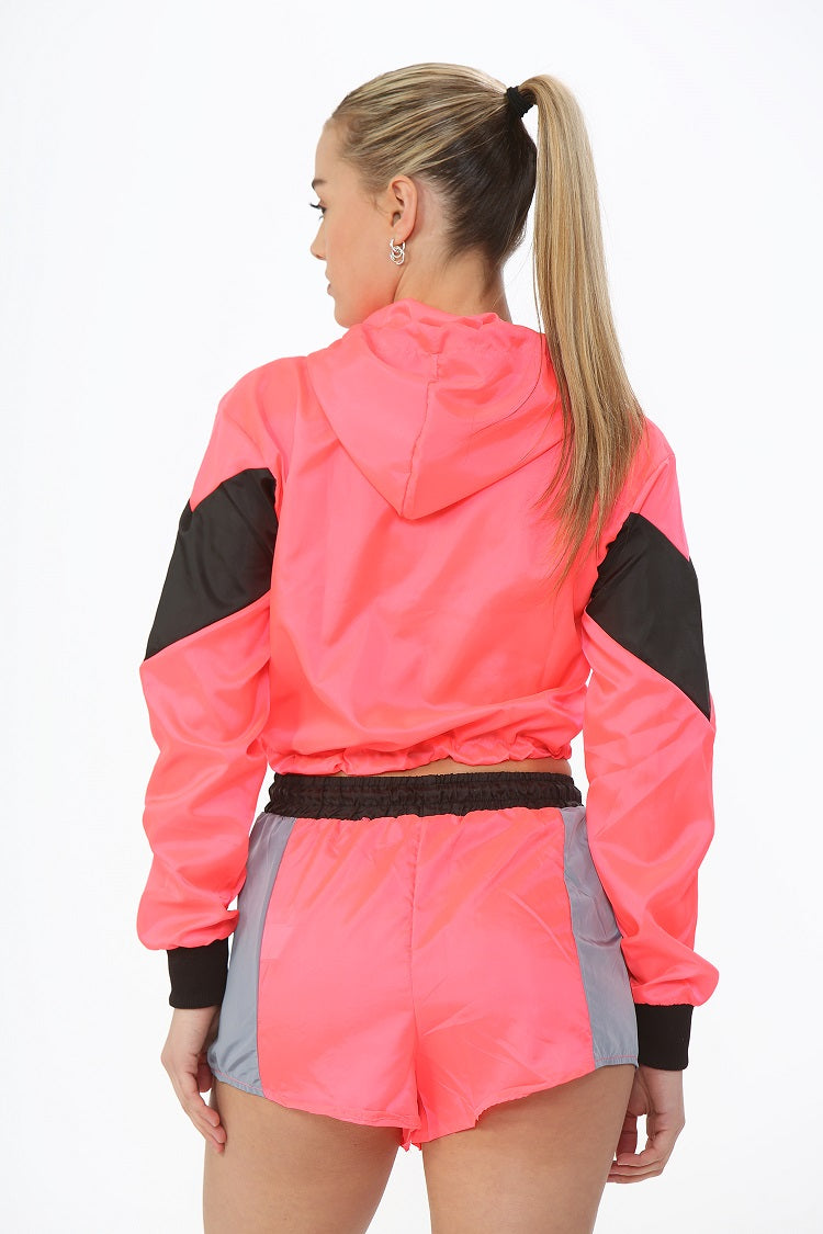 Neon Pink Colour Block Cropped Jacket & Shorts Co-ord - Ramona - Storm Desire