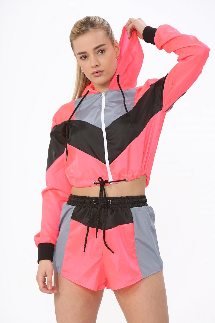 Neon Pink Colour Block Cropped Jacket & Shorts Co-ord - Ramona - Storm Desire