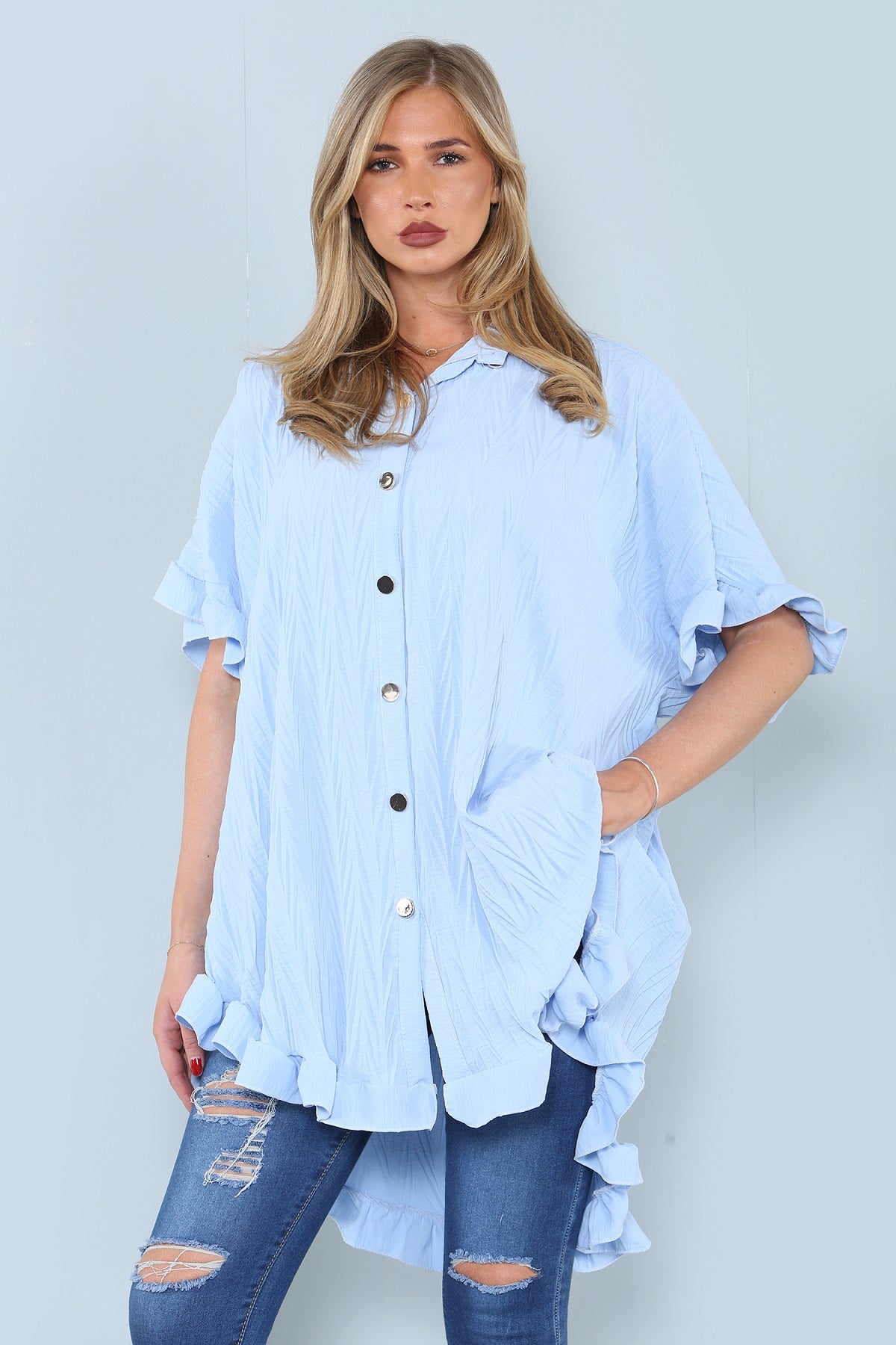 Baby Blue Frill Detail Oversize Shirt - Miranda - Storm Desire