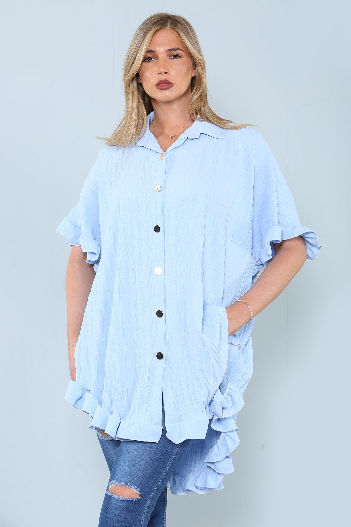 Baby Blue Frill Detail Oversize Shirt - Miranda - Storm Desire