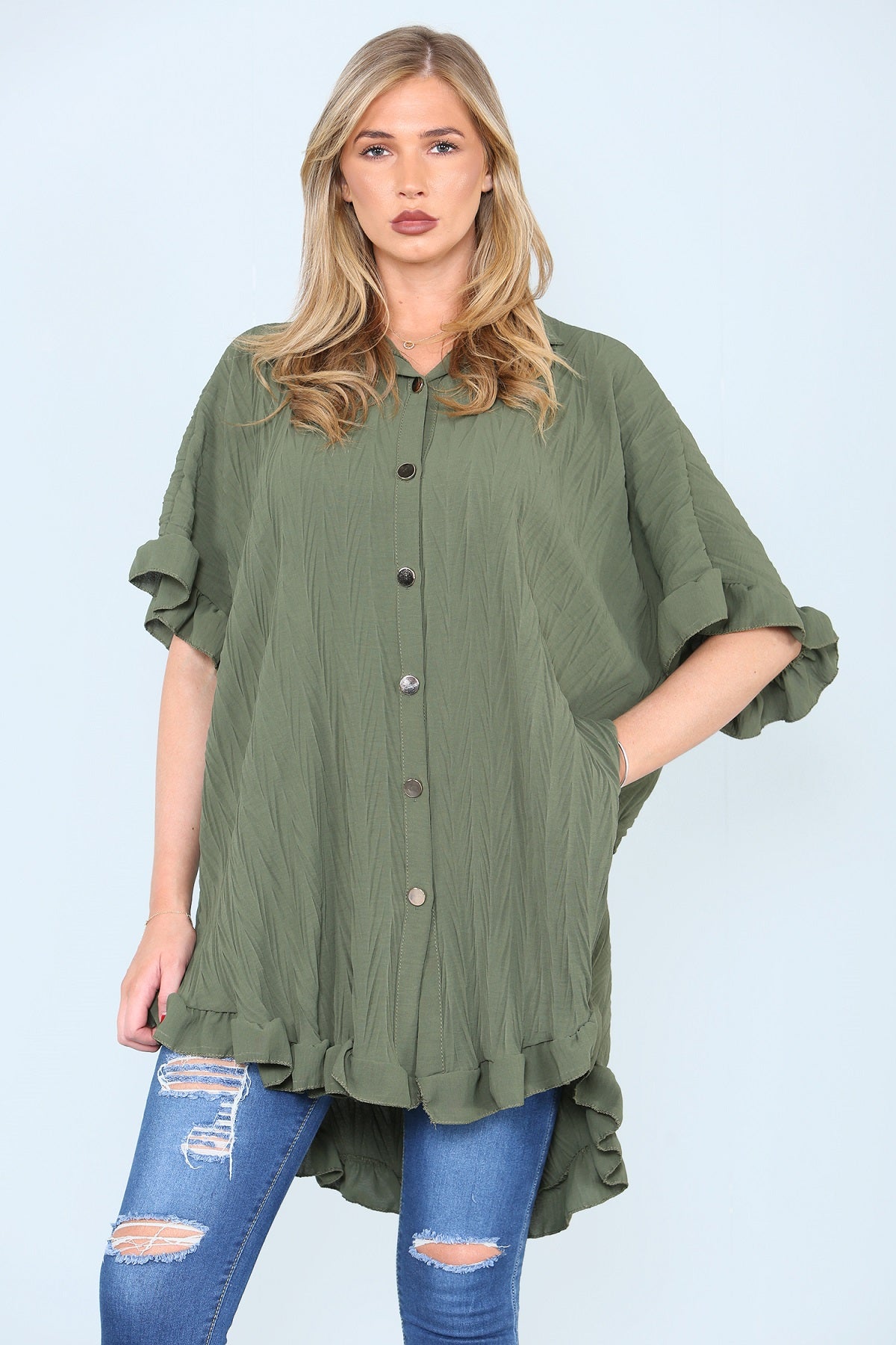 Khaki Green Frill Detail Oversize Shirt - Miranda - Storm Desire