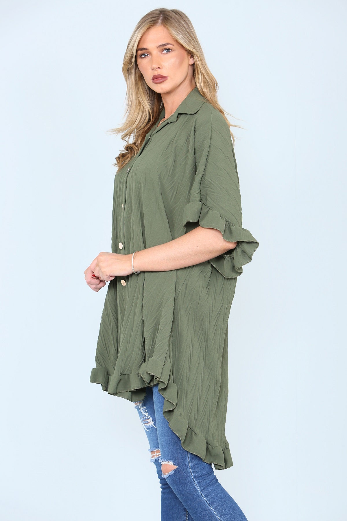 Khaki Green Frill Detail Oversize Shirt - Miranda - Storm Desire