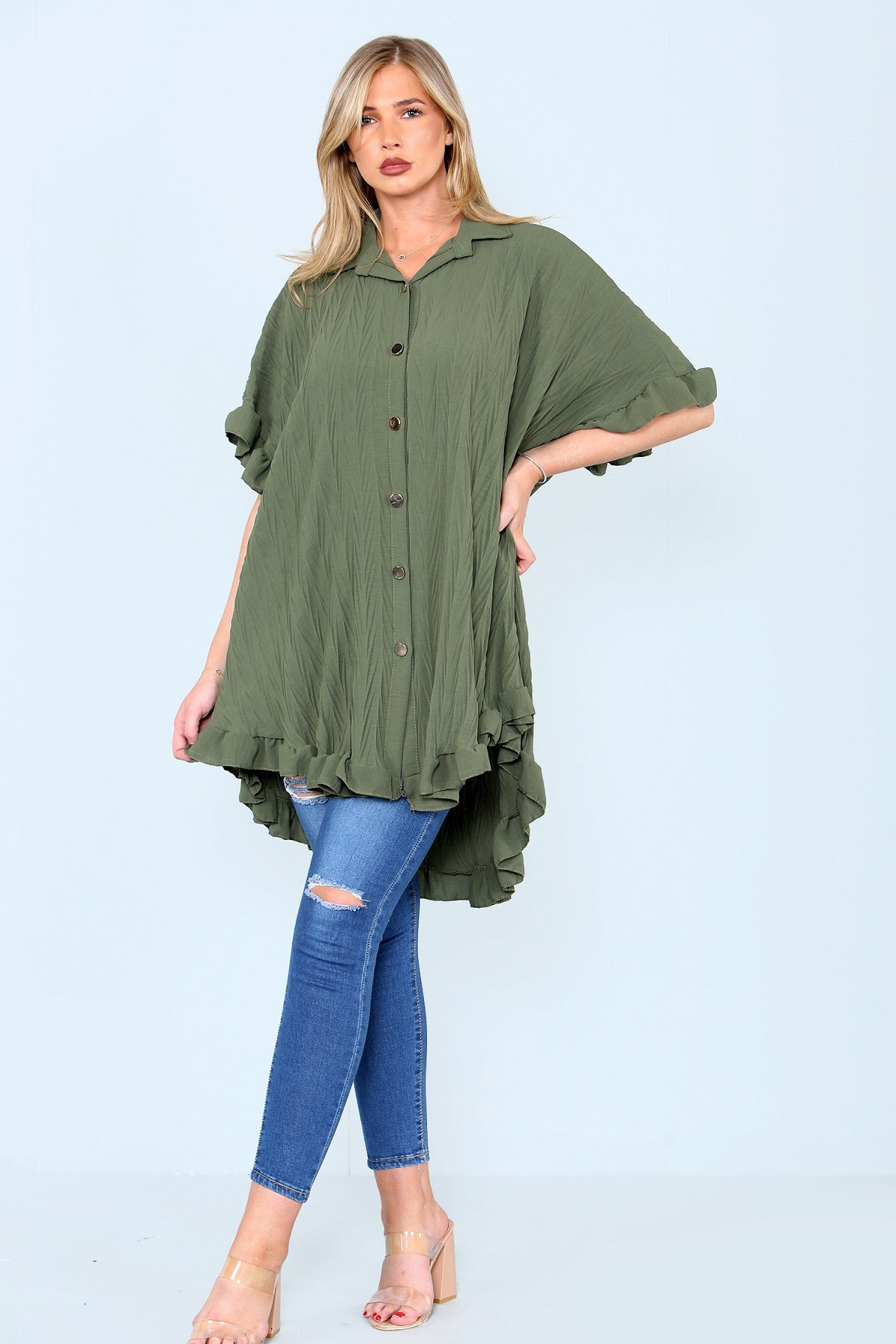 Khaki Green Frill Detail Oversize Shirt - Miranda - Storm Desire