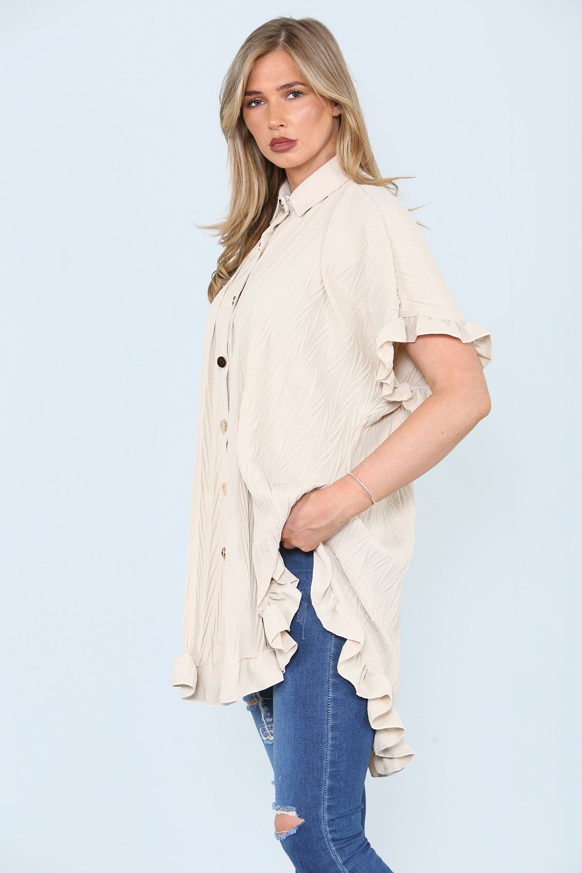Stone Frill Detail Oversize Shirt - Miranda - Storm Desire