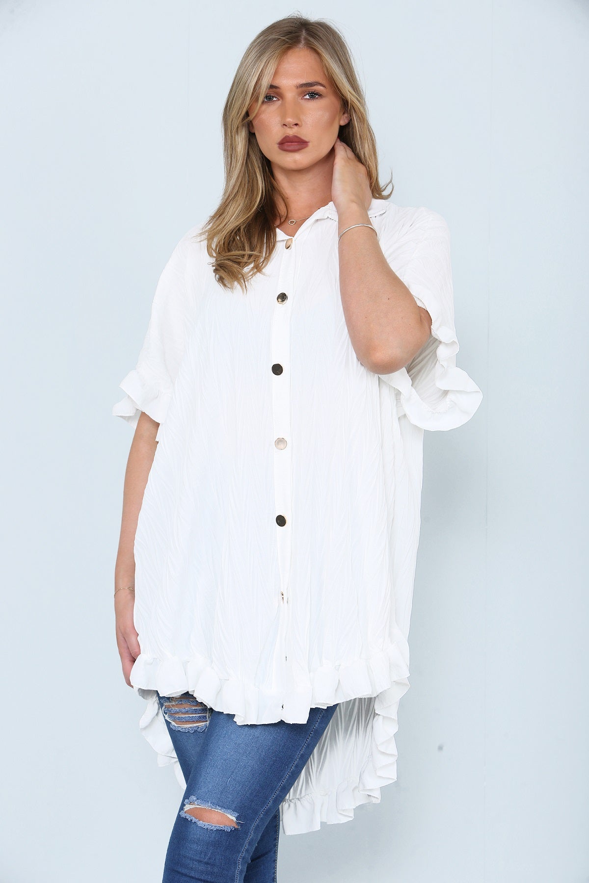 White Frill Detail Oversize Shirt - Miranda - Storm Desire