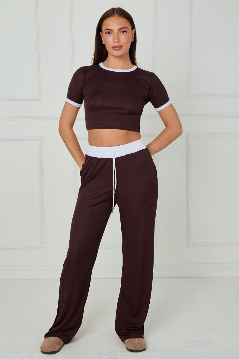 Ribbed Crop Top & Wide Leg Trouser Co-ord - Magnolia