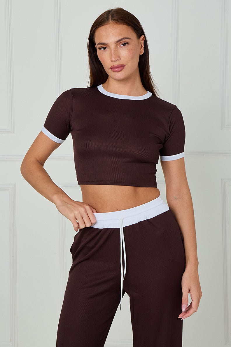 Ribbed Crop Top & Wide Leg Trouser Co-ord - Magnolia