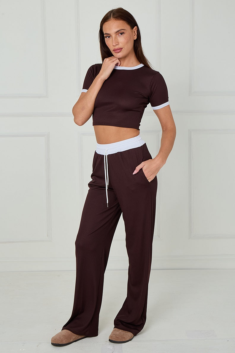 Ribbed Crop Top & Wide Leg Trouser Co-ord - Magnolia