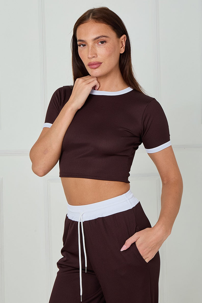 Ribbed Crop Top & Wide Leg Trouser Co-ord - Magnolia