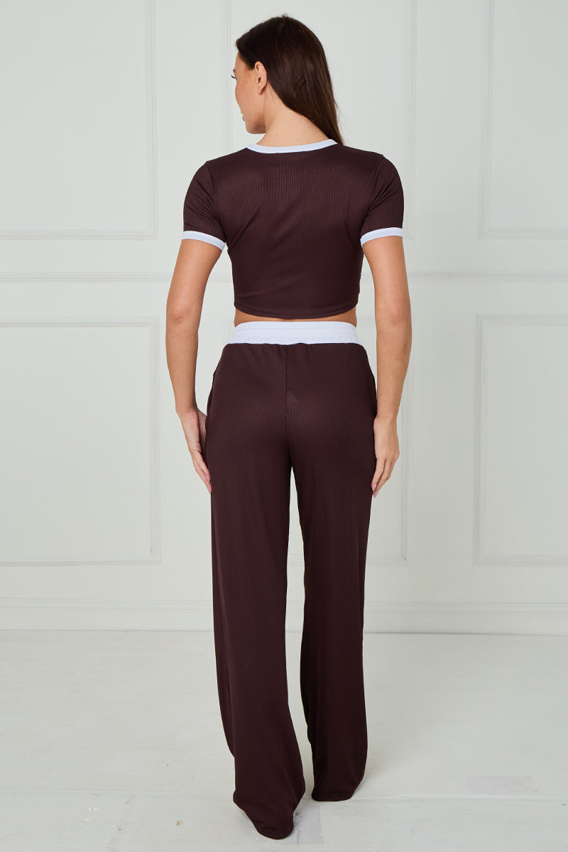 Ribbed Crop Top & Wide Leg Trouser Co-ord - Magnolia
