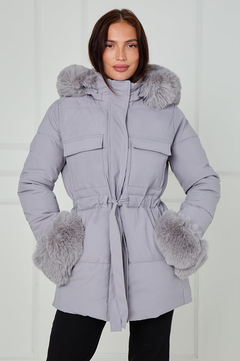 Faux Fur Hood Tie Up Puffer Jacket - Francesca