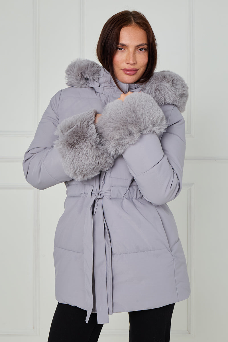 Faux Fur Hood Tie Up Puffer Jacket - Francesca
