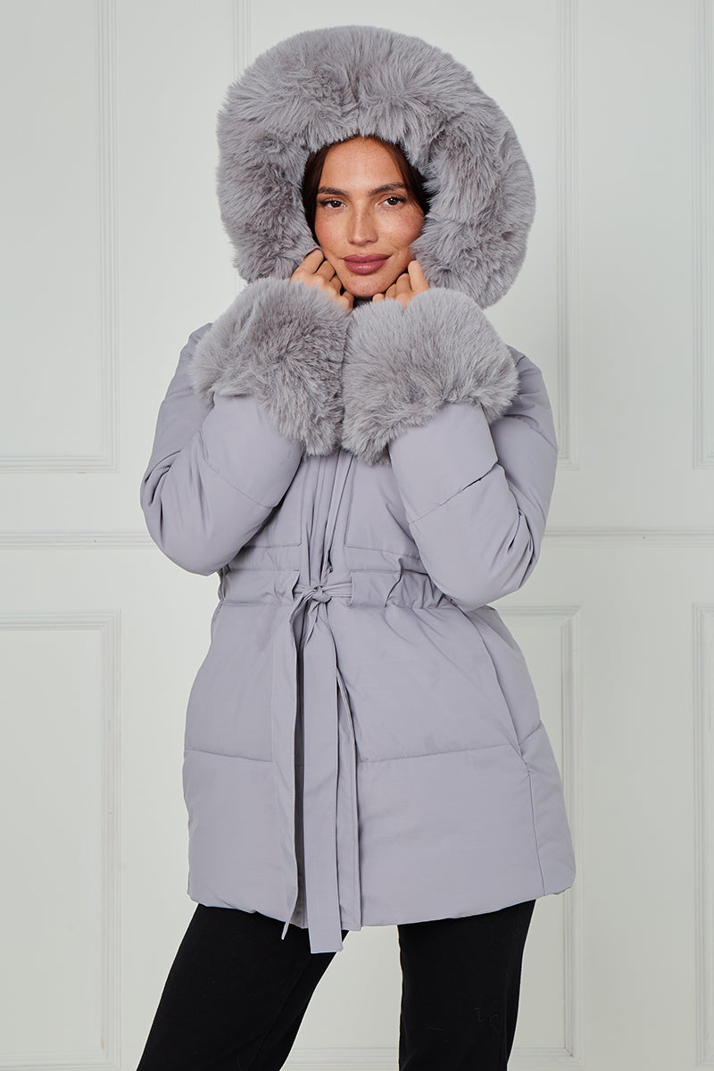 Faux Fur Hood Tie Up Puffer Jacket - Francesca