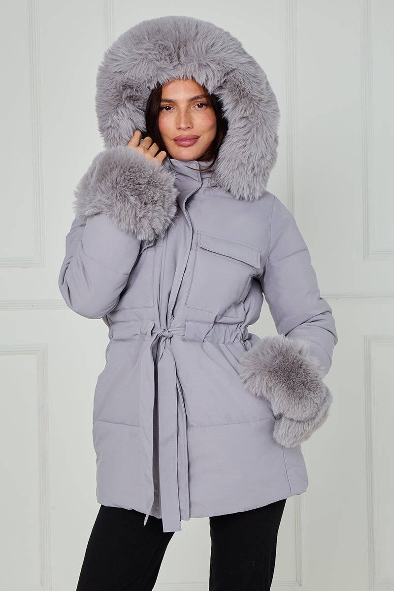 Faux Fur Hood Tie Up Puffer Jacket - Francesca