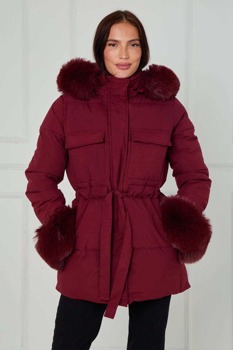 Faux Fur Hood Tie Up Puffer Jacket - Francesca