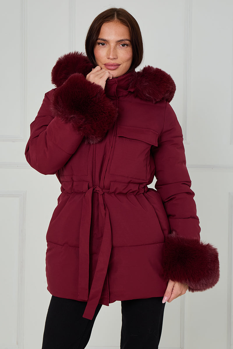 Faux Fur Hood Tie Up Puffer Jacket - Francesca