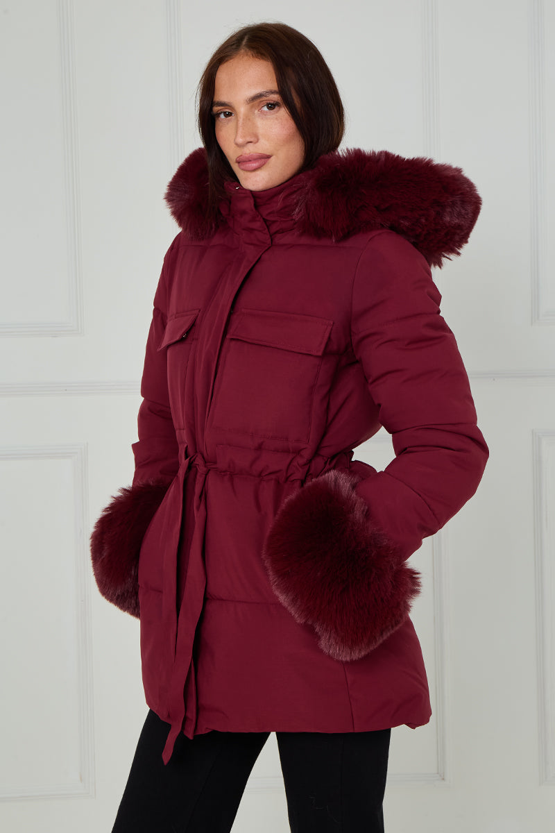 Faux Fur Hood Tie Up Puffer Jacket - Francesca